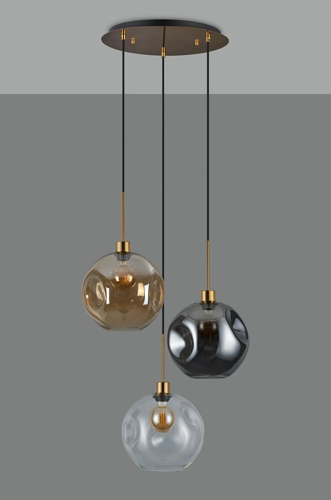 Lori 40cm Round Pendant, 3 Light Adjustable E27, Antique Gold/Amber/Clear/Smoke Round Dimple Shades DK1186  Deco Lori Antique Gold
